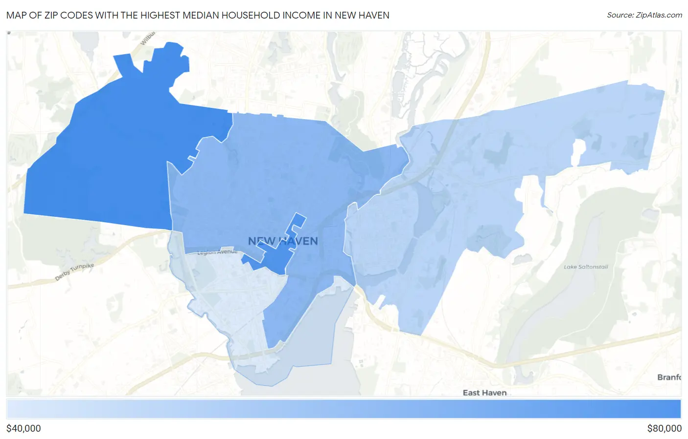 Zip Codes with the Highest Median Household Income in New Haven Map