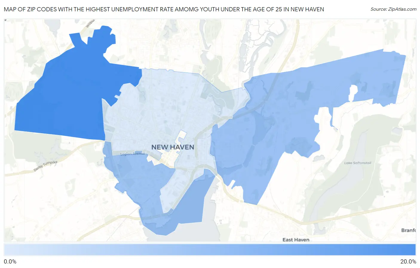 Zip Codes with the Highest Unemployment Rate Amomg Youth Under the Age of 25 in New Haven Map