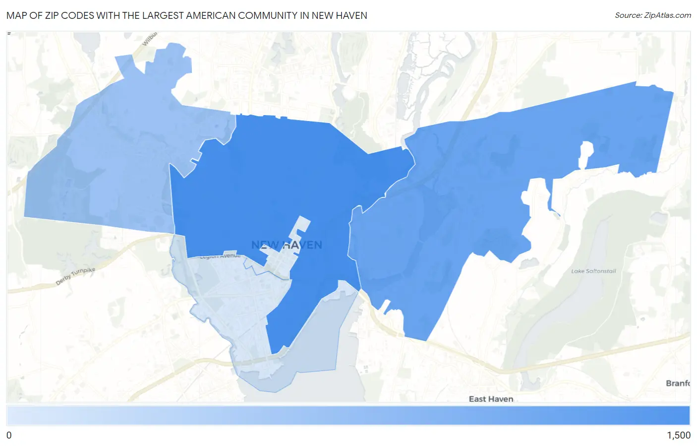 Zip Codes with the Largest American Community in New Haven Map