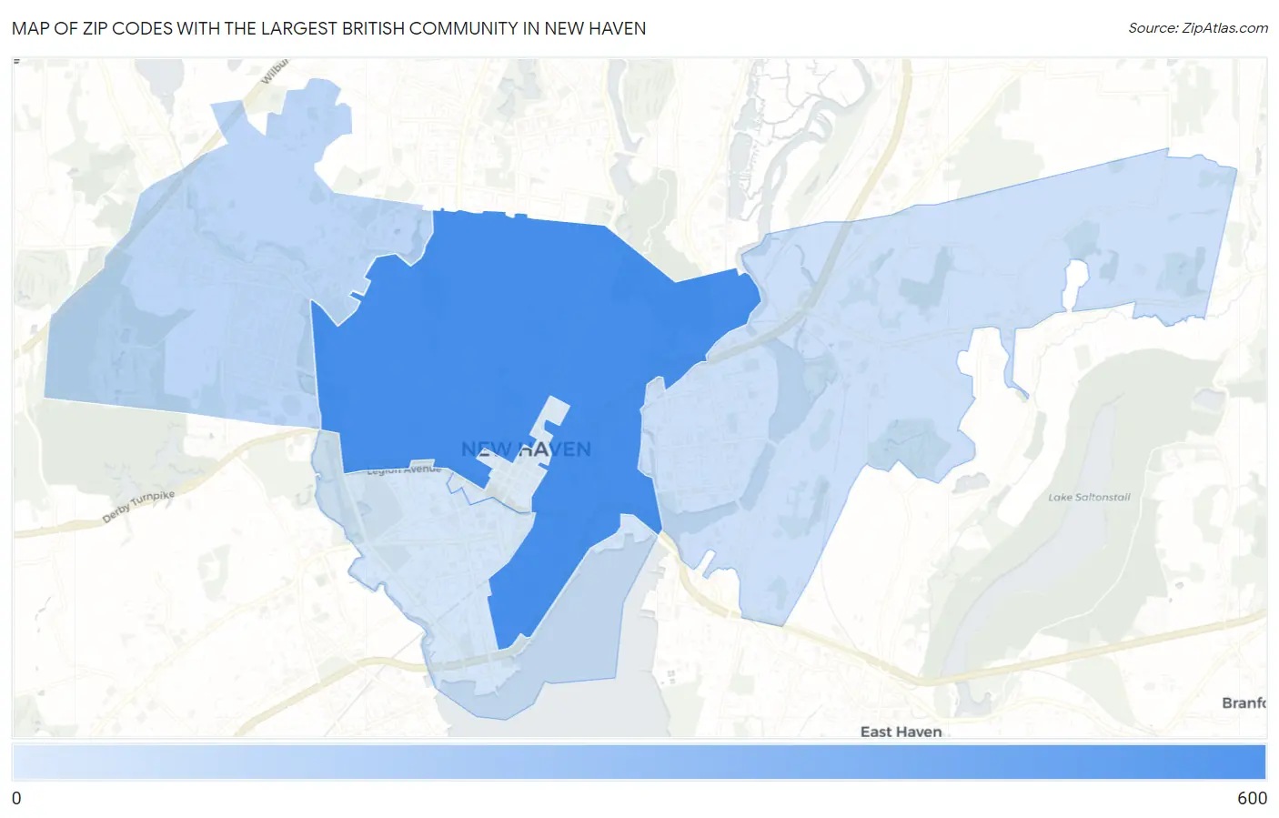 Zip Codes with the Largest British Community in New Haven Map