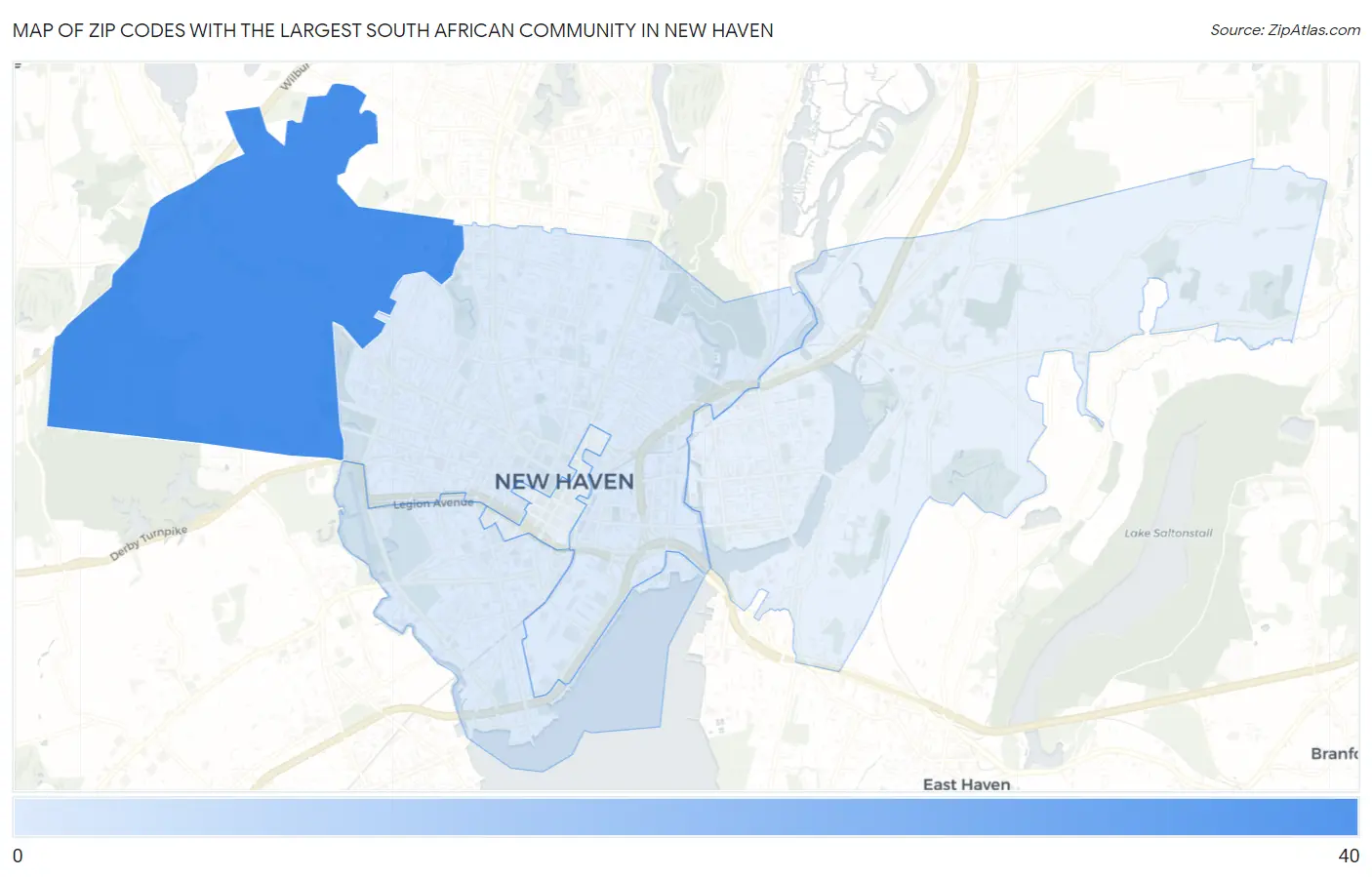 Zip Codes with the Largest South African Community in New Haven Map