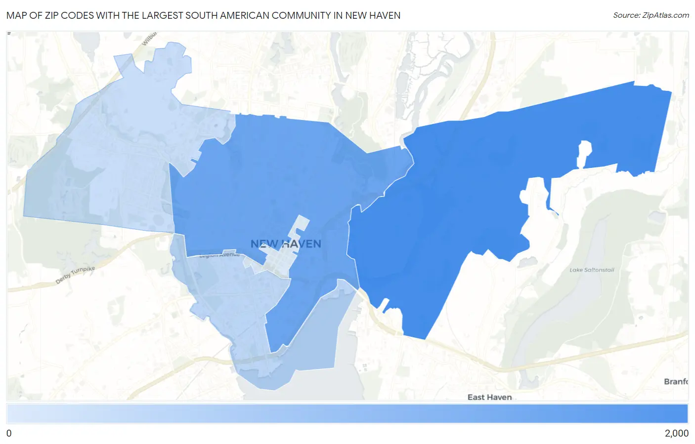 Zip Codes with the Largest South American Community in New Haven Map