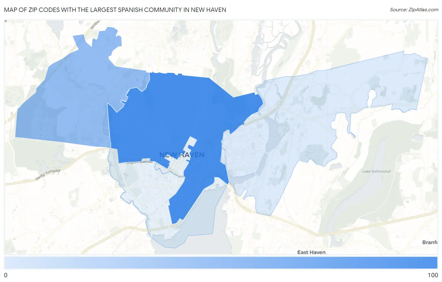 Zip Codes with the Largest Spanish Community in New Haven Map