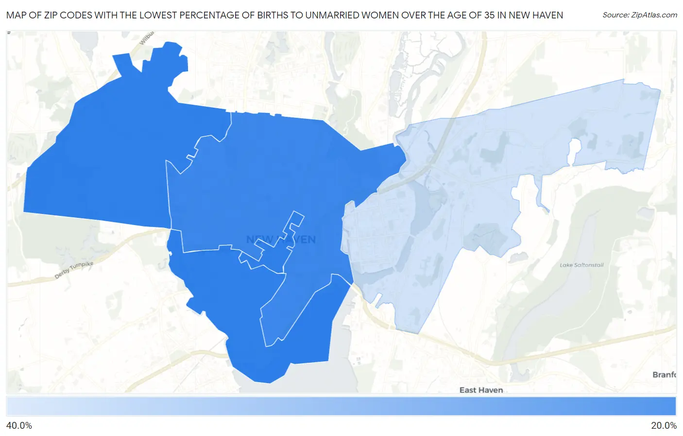 Zip Codes with the Lowest Percentage of Births to Unmarried Women over the Age of 35 in New Haven Map