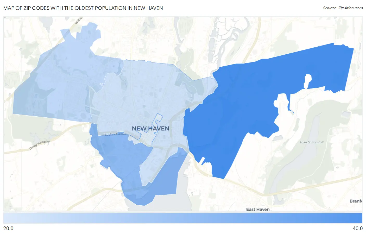 Zip Codes with the Oldest Population in New Haven Map