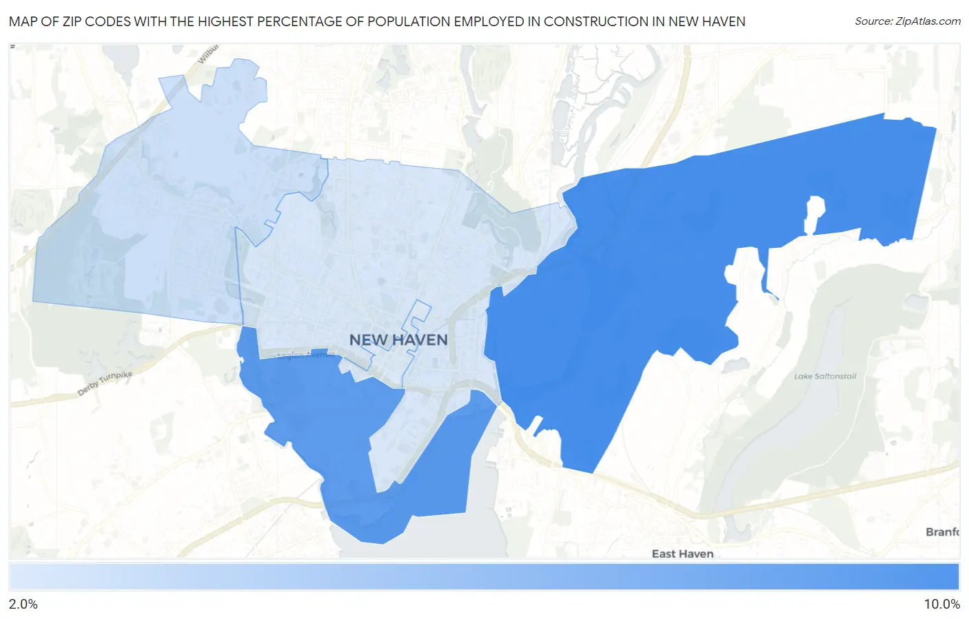 Zip Codes with the Highest Percentage of Population Employed in Construction in New Haven Map