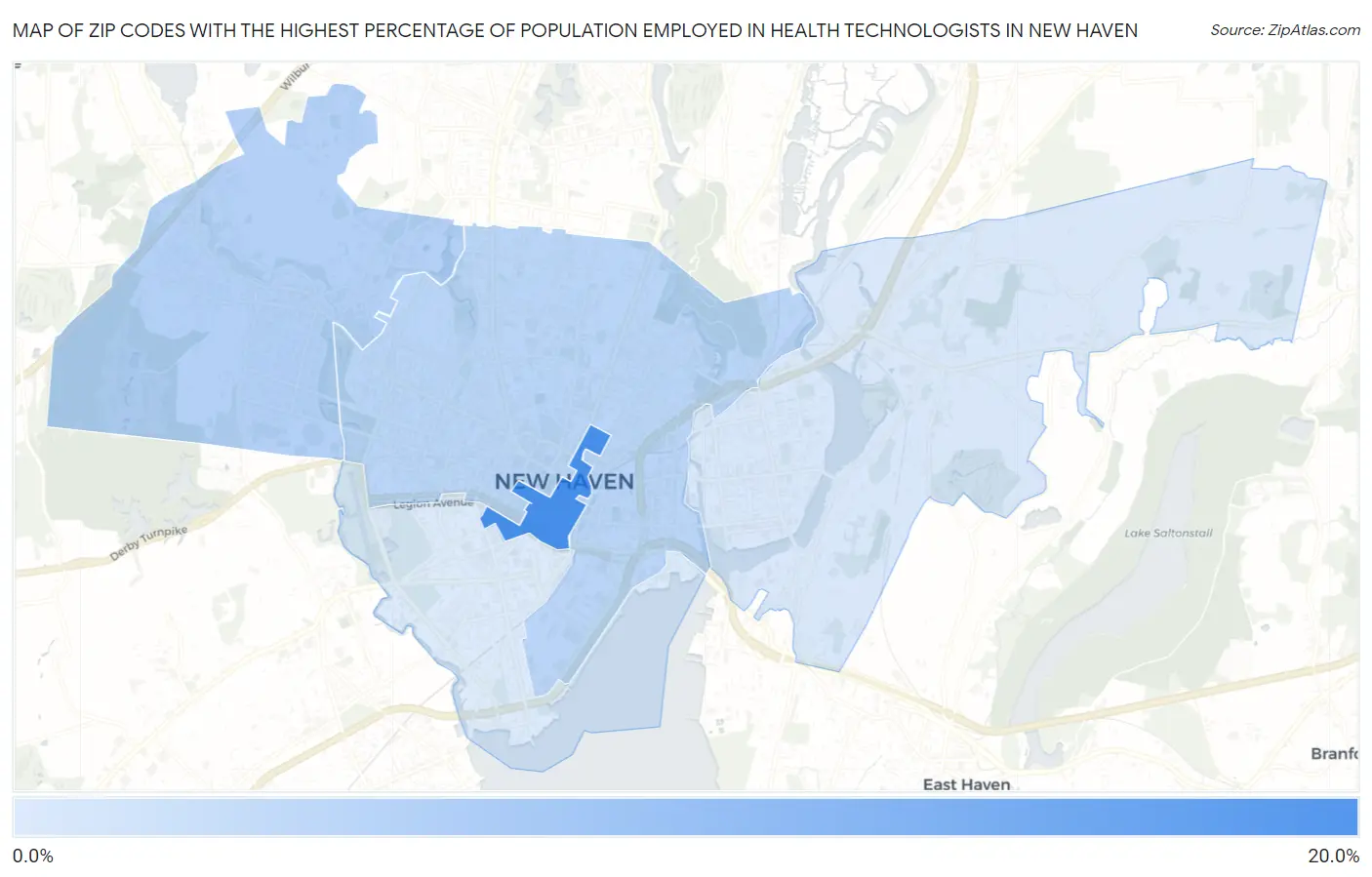 Zip Codes with the Highest Percentage of Population Employed in Health Technologists in New Haven Map