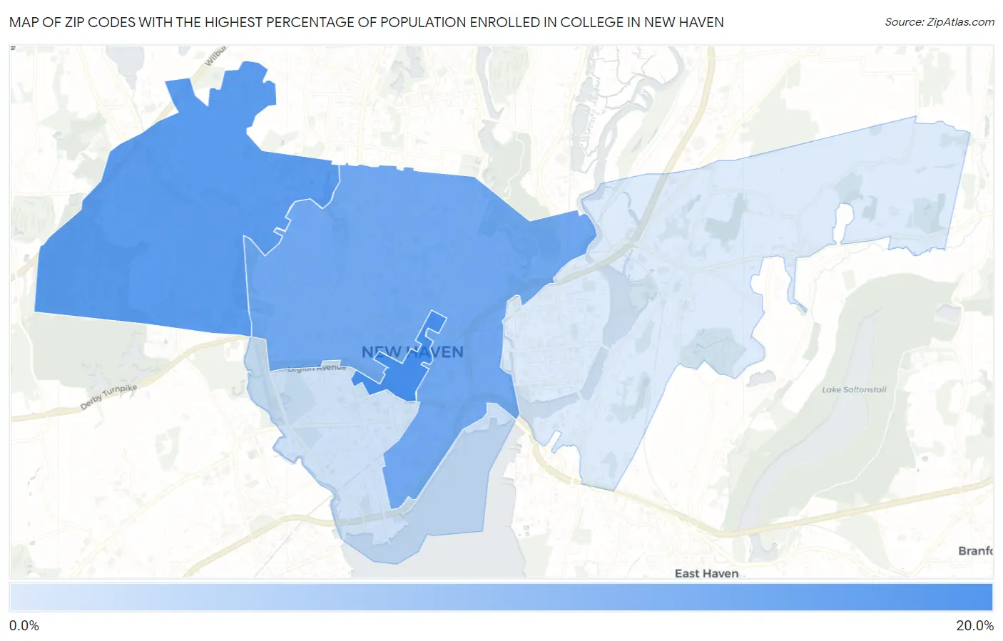 Zip Codes with the Highest Percentage of Population Enrolled in College in New Haven Map