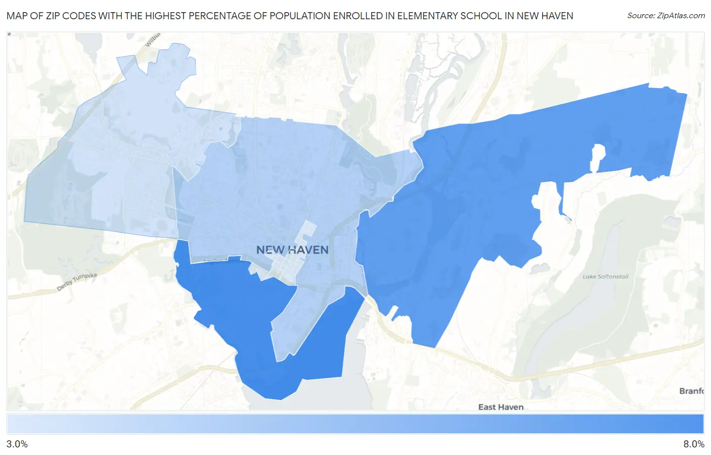 Zip Codes with the Highest Percentage of Population Enrolled in Elementary School in New Haven Map