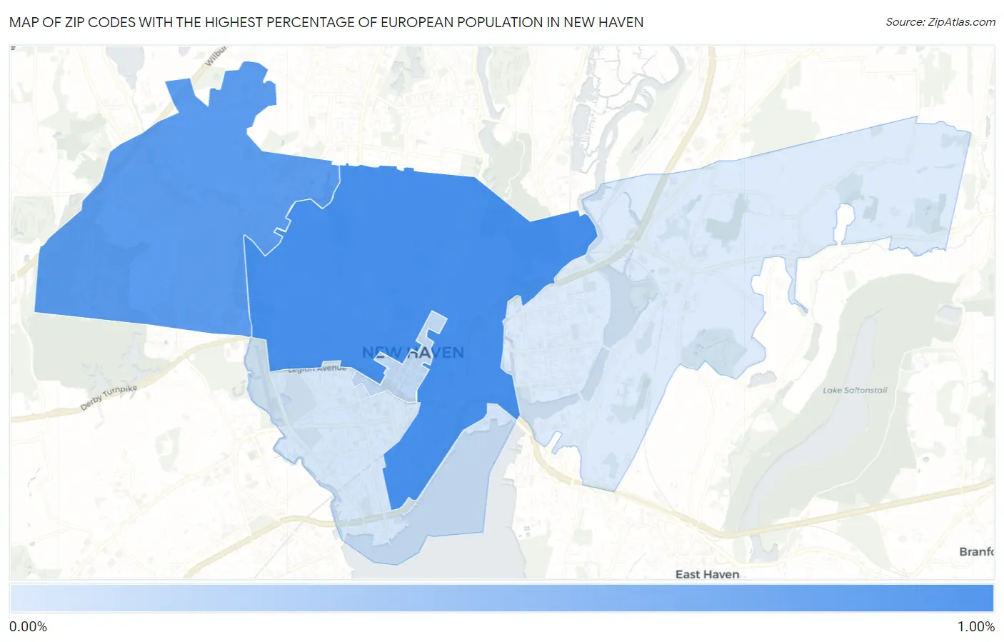 Zip Codes with the Highest Percentage of European Population in New Haven Map