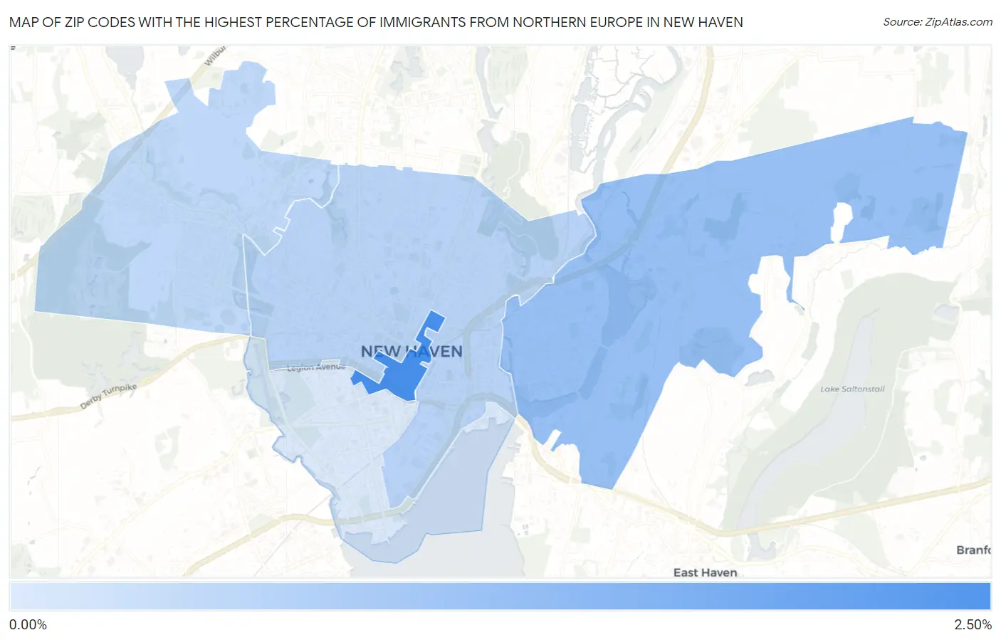 Zip Codes with the Highest Percentage of Immigrants from Northern Europe in New Haven Map
