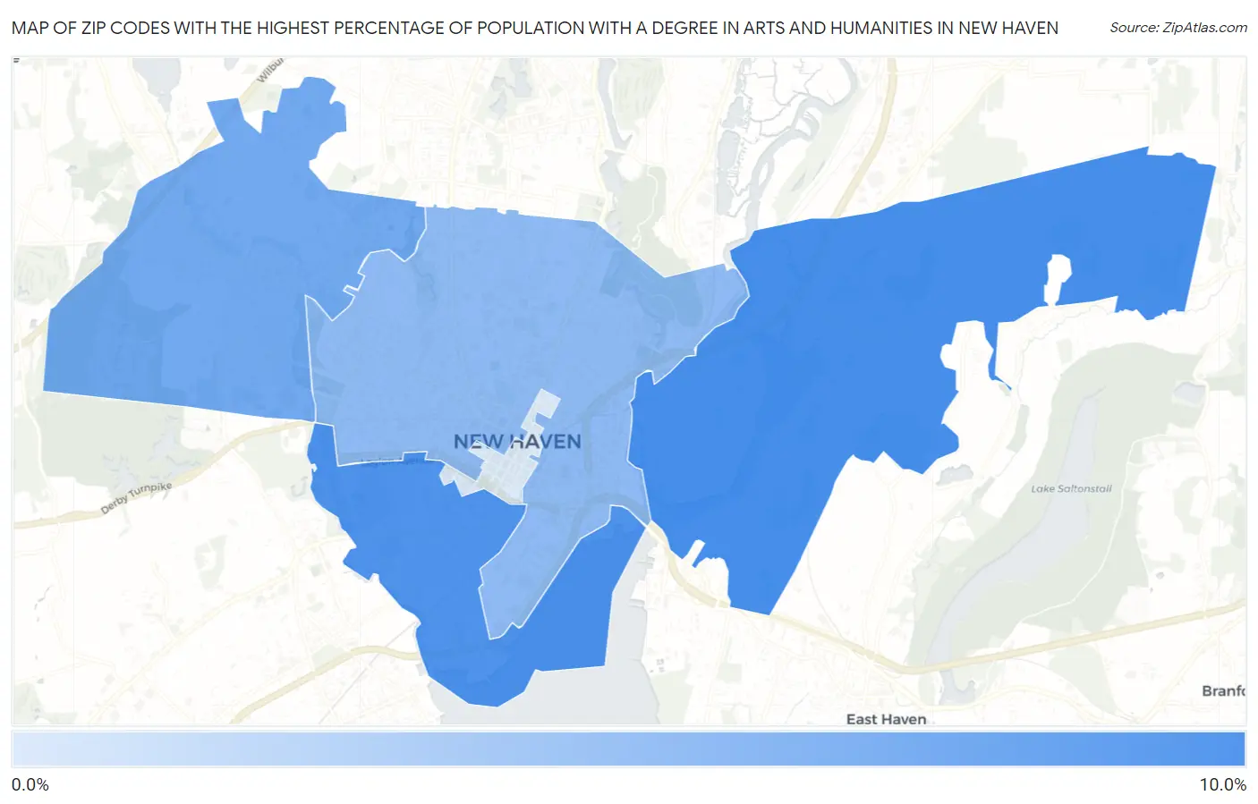 Zip Codes with the Highest Percentage of Population with a Degree in Arts and Humanities in New Haven Map
