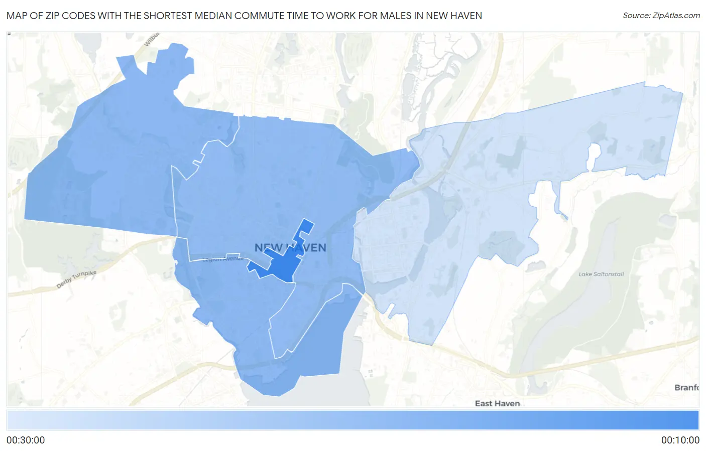 Zip Codes with the Shortest Median Commute Time to Work for Males in New Haven Map