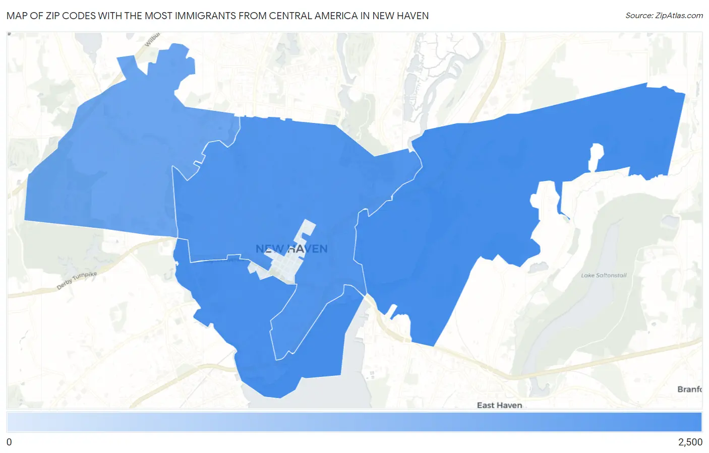 Zip Codes with the Most Immigrants from Central America in New Haven Map
