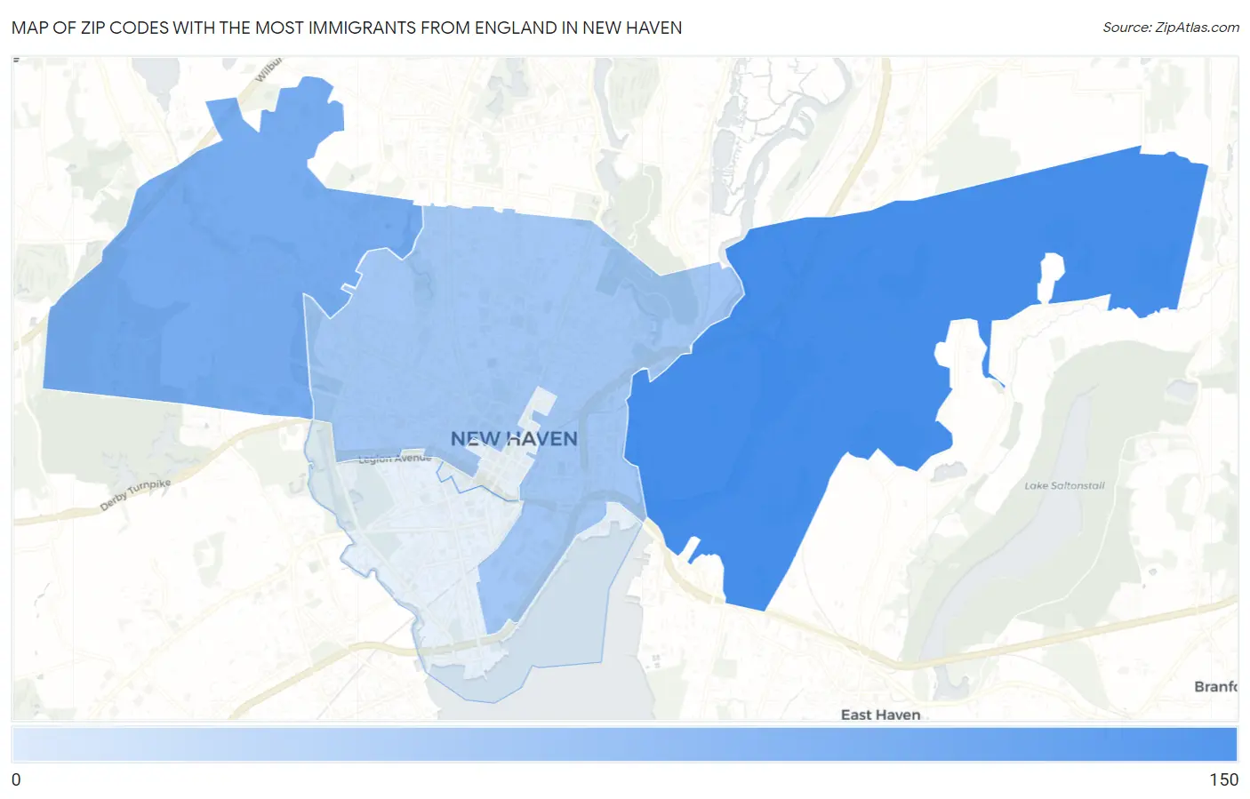 Zip Codes with the Most Immigrants from England in New Haven Map