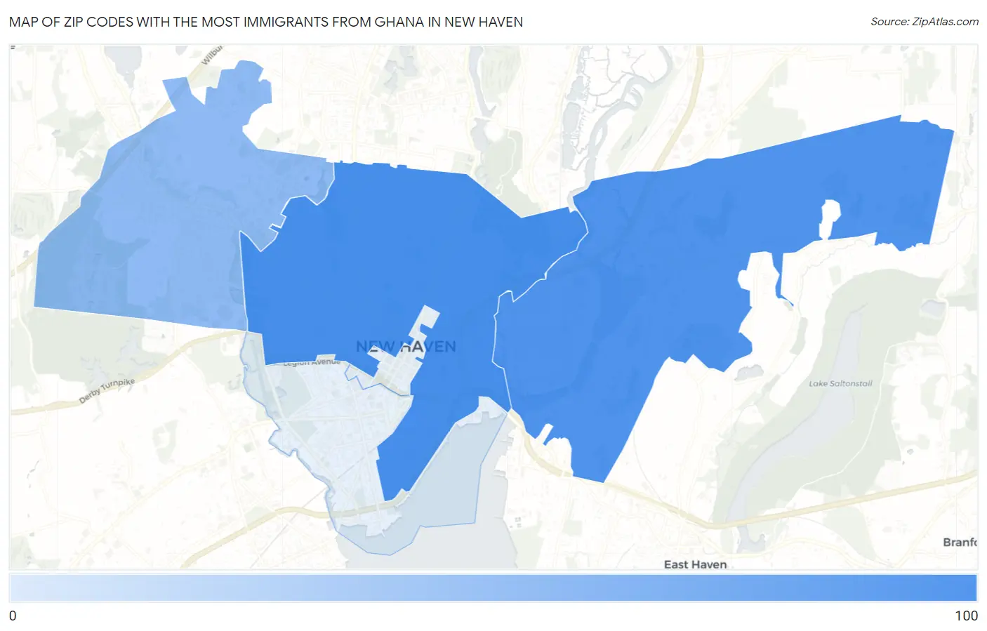 Zip Codes with the Most Immigrants from Ghana in New Haven Map