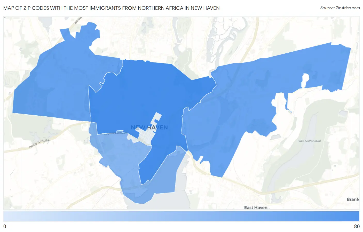 Zip Codes with the Most Immigrants from Northern Africa in New Haven Map