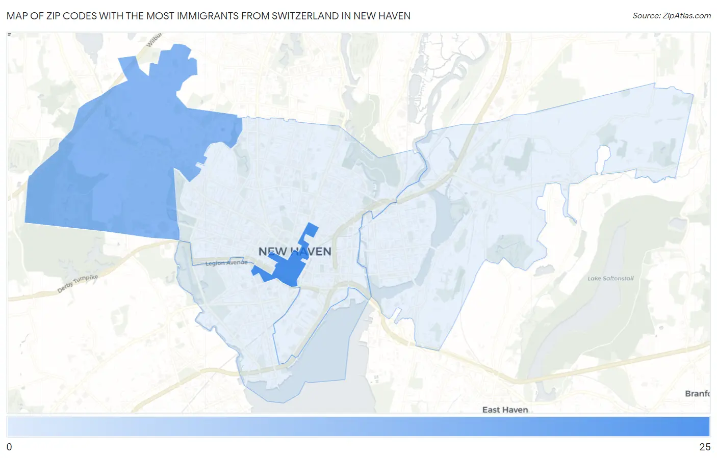 Zip Codes with the Most Immigrants from Switzerland in New Haven Map