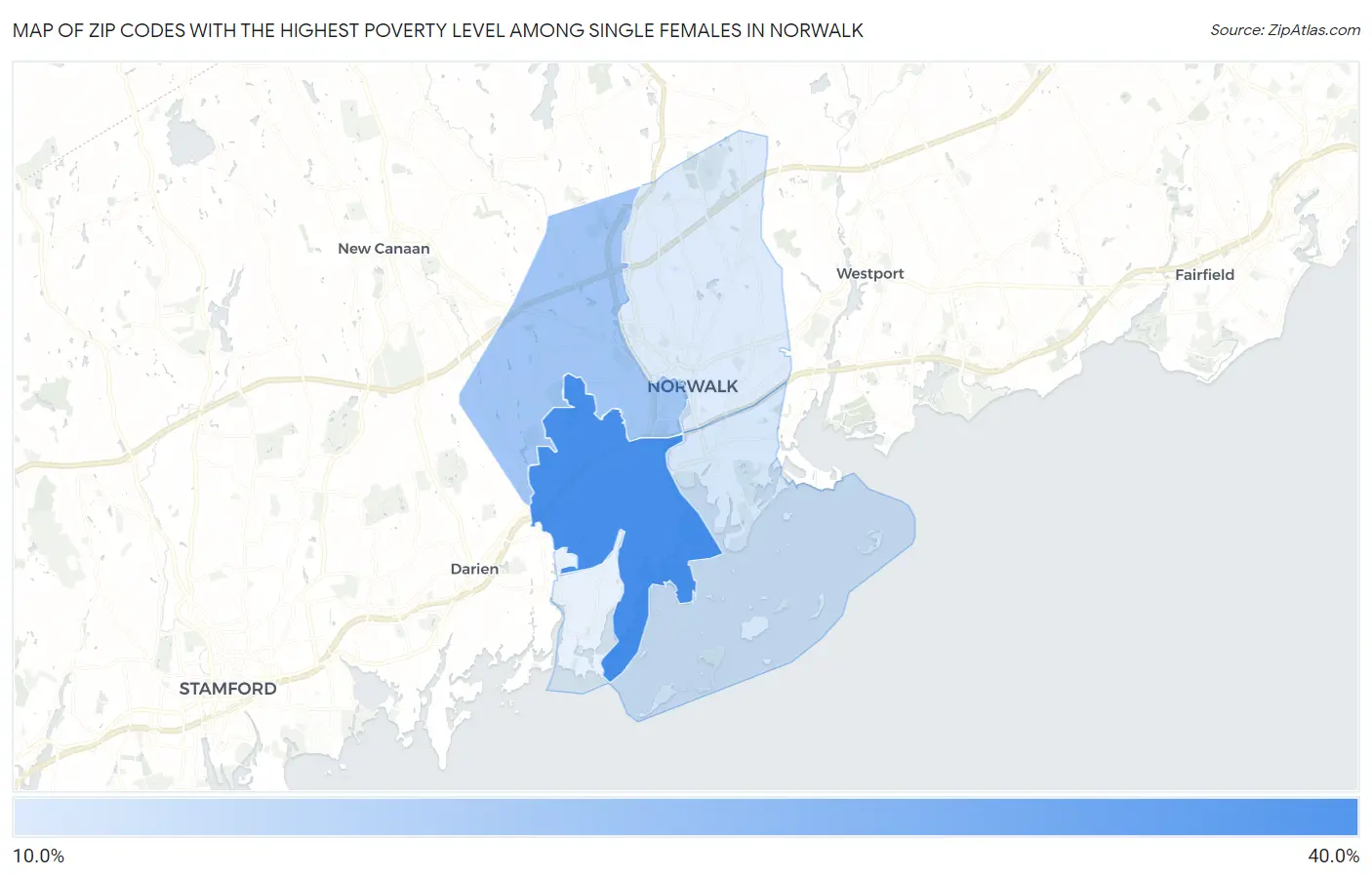 Zip Codes with the Highest Poverty Level Among Single Females in Norwalk Map