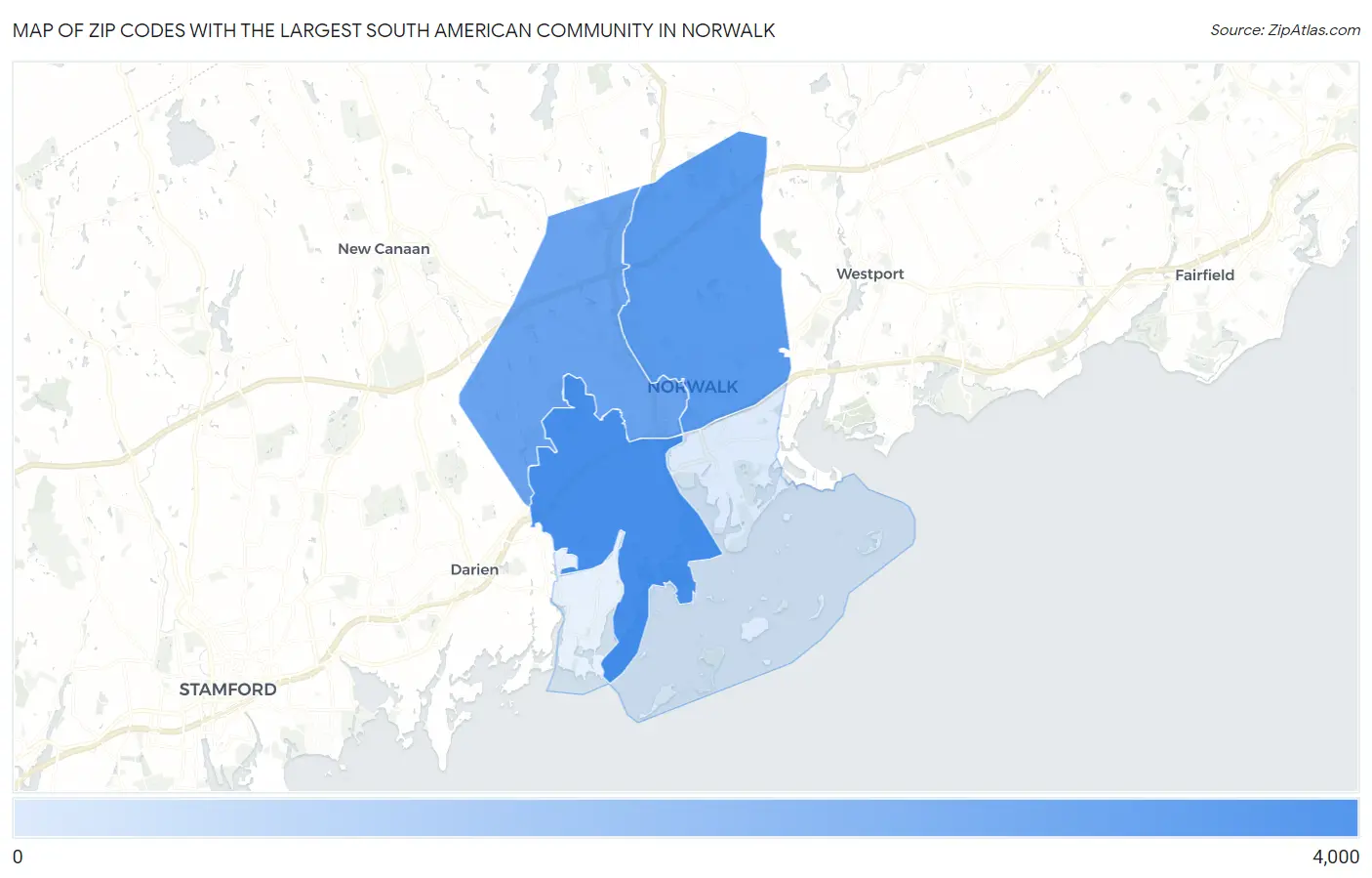 Zip Codes with the Largest South American Community in Norwalk Map