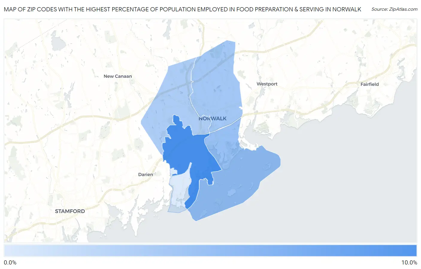 Zip Codes with the Highest Percentage of Population Employed in Food Preparation & Serving in Norwalk Map