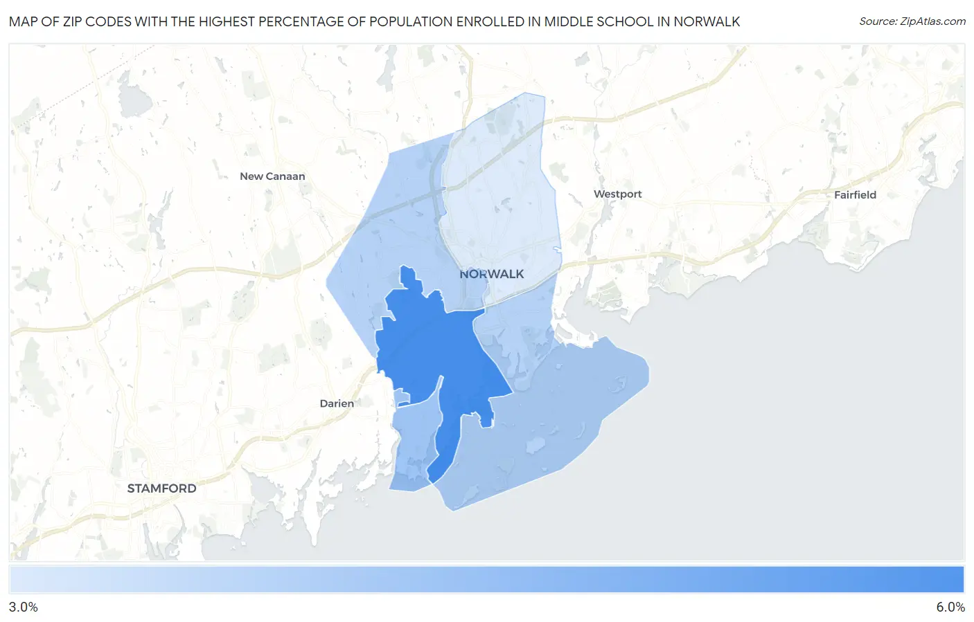 Zip Codes with the Highest Percentage of Population Enrolled in Middle School in Norwalk Map