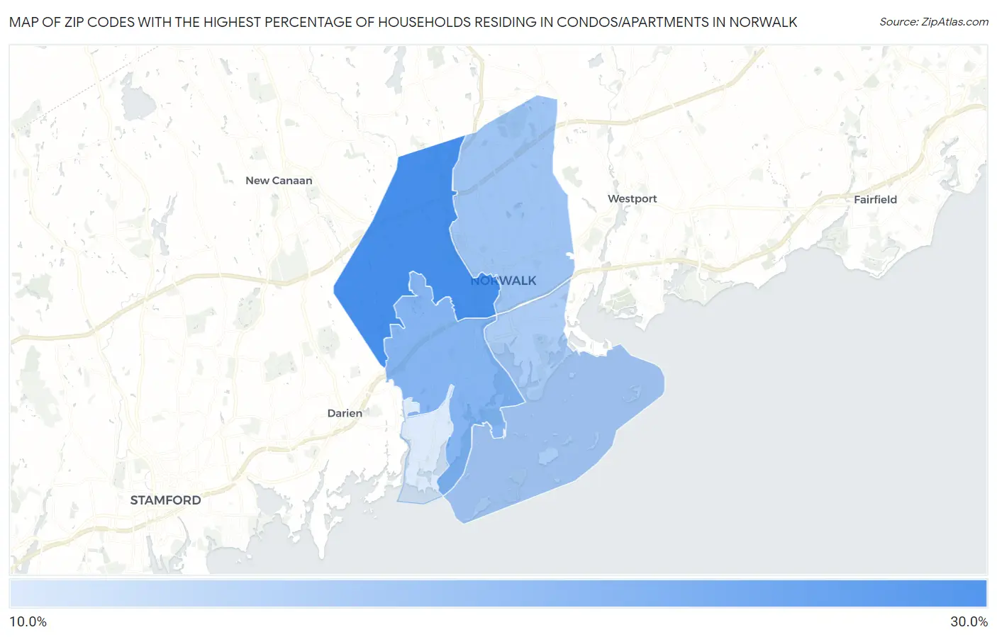 Zip Codes with the Highest Percentage of Households Residing in Condos/Apartments in Norwalk Map