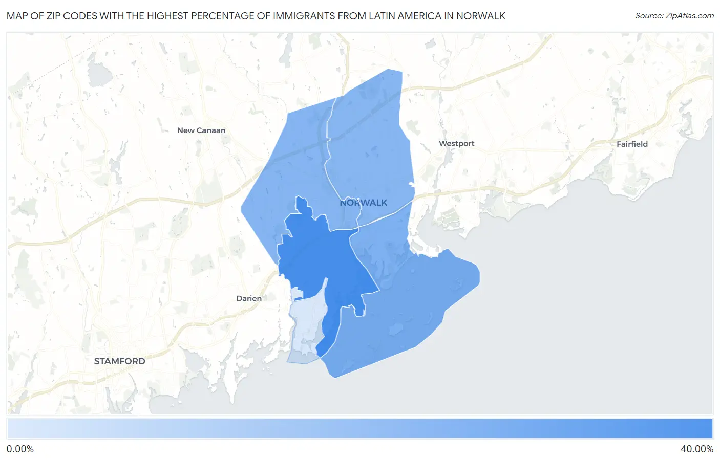 Zip Codes with the Highest Percentage of Immigrants from Latin America in Norwalk Map