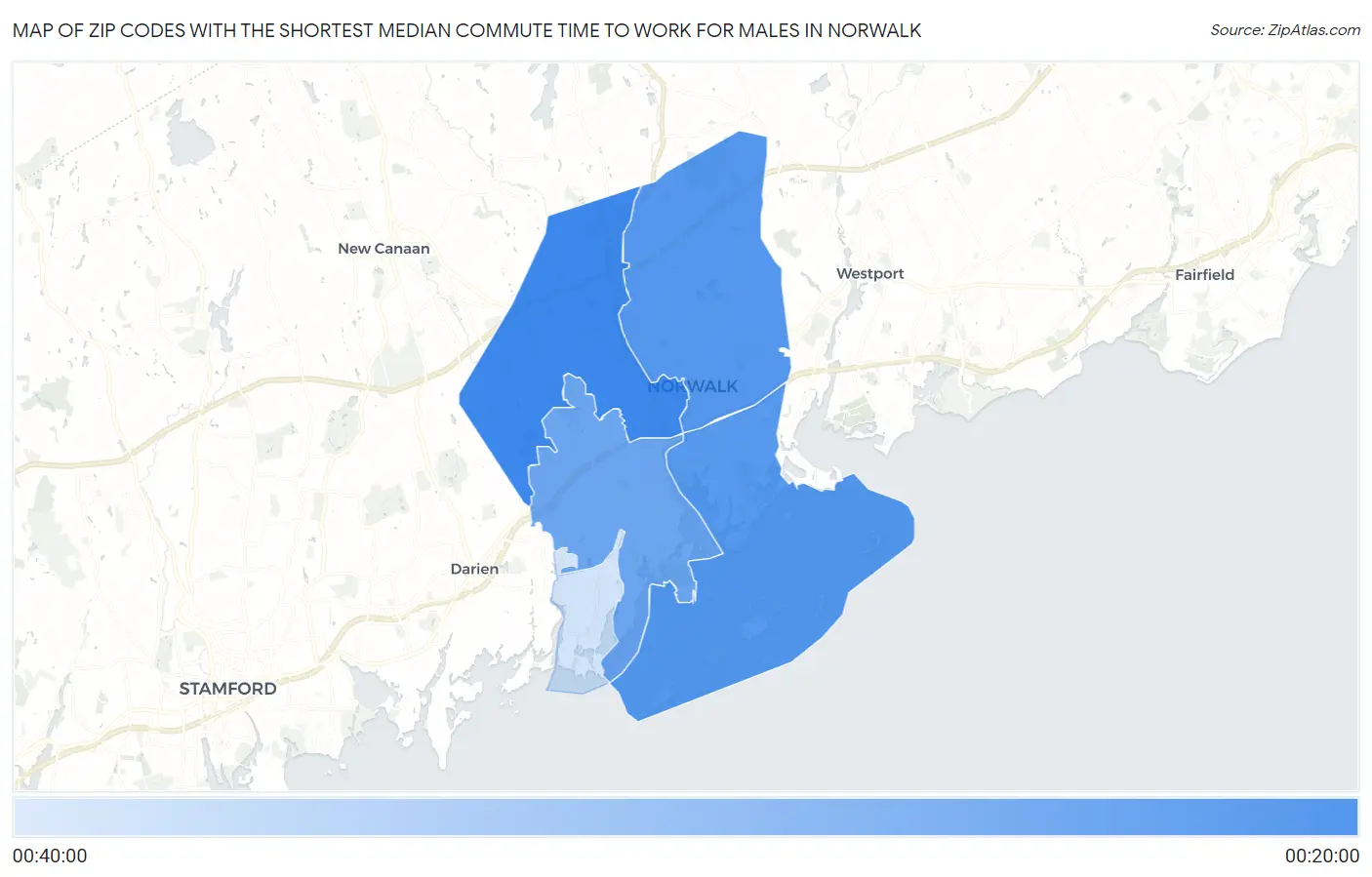 Zip Codes with the Shortest Median Commute Time to Work for Males in Norwalk Map