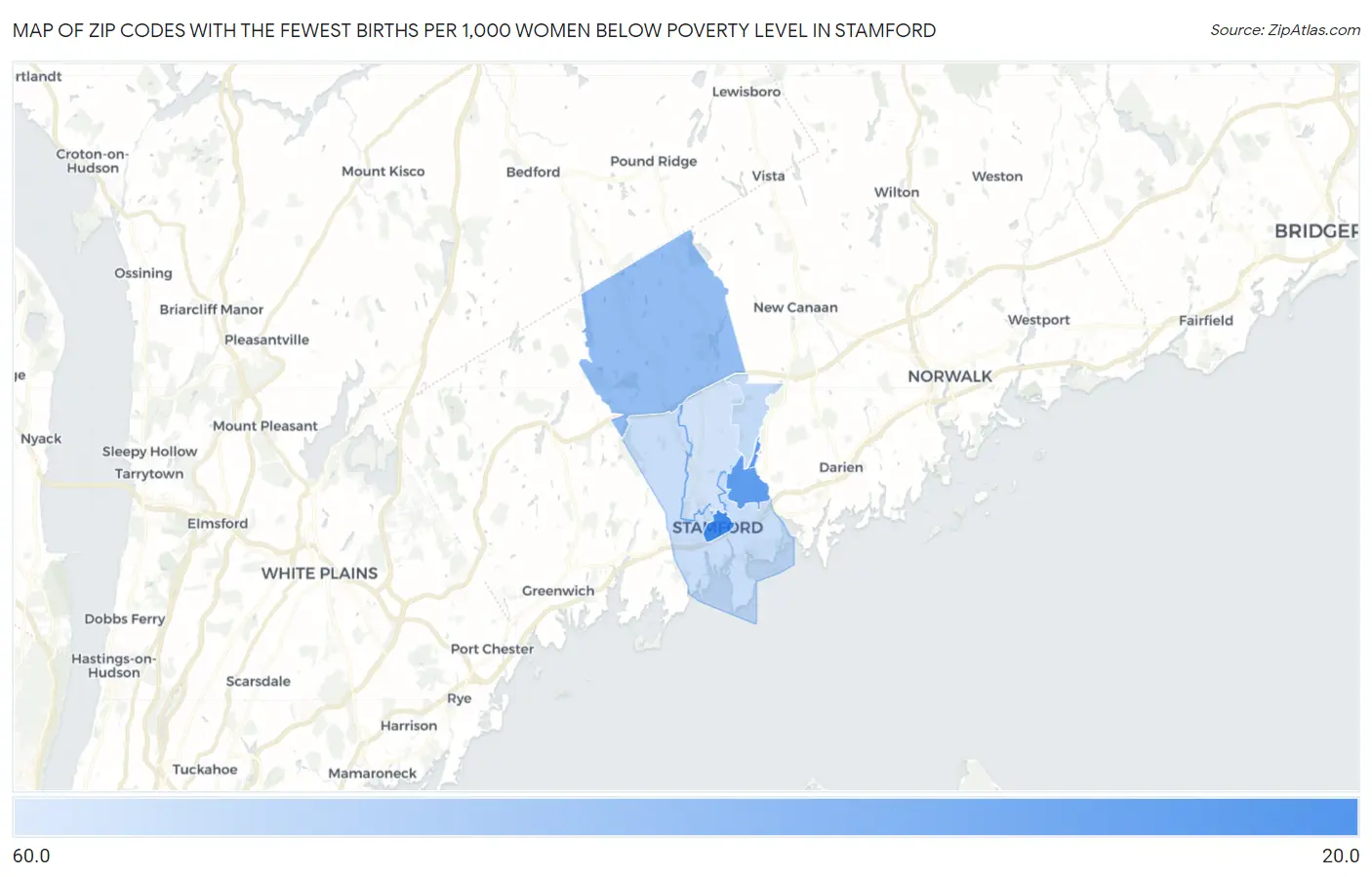 Zip Codes with the Fewest Births per 1,000 Women Below Poverty Level in Stamford Map