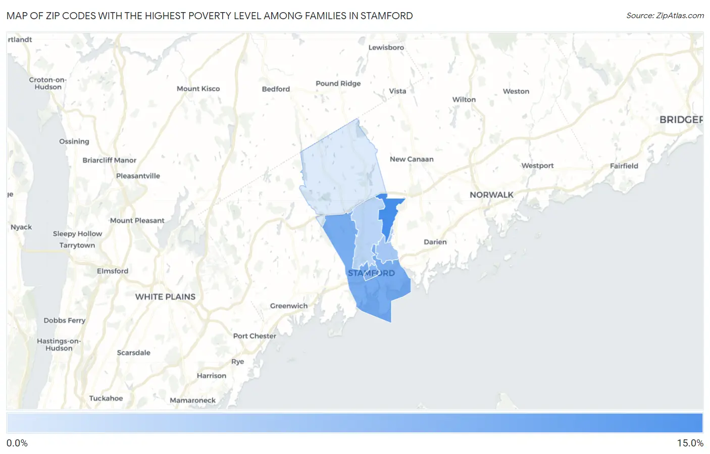 Zip Codes with the Highest Poverty Level Among Families in Stamford Map