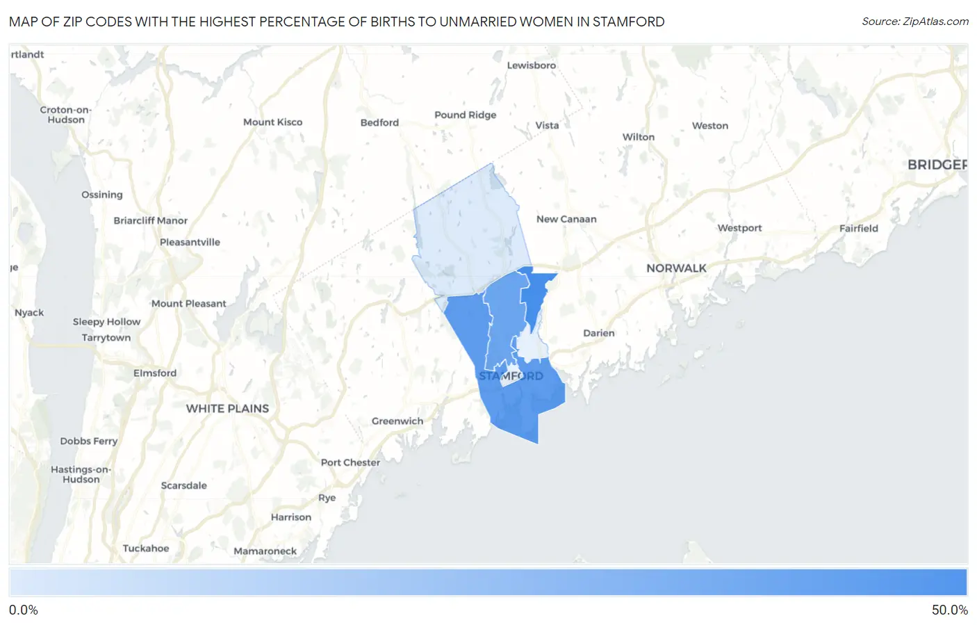 Zip Codes with the Highest Percentage of Births to Unmarried Women in Stamford Map