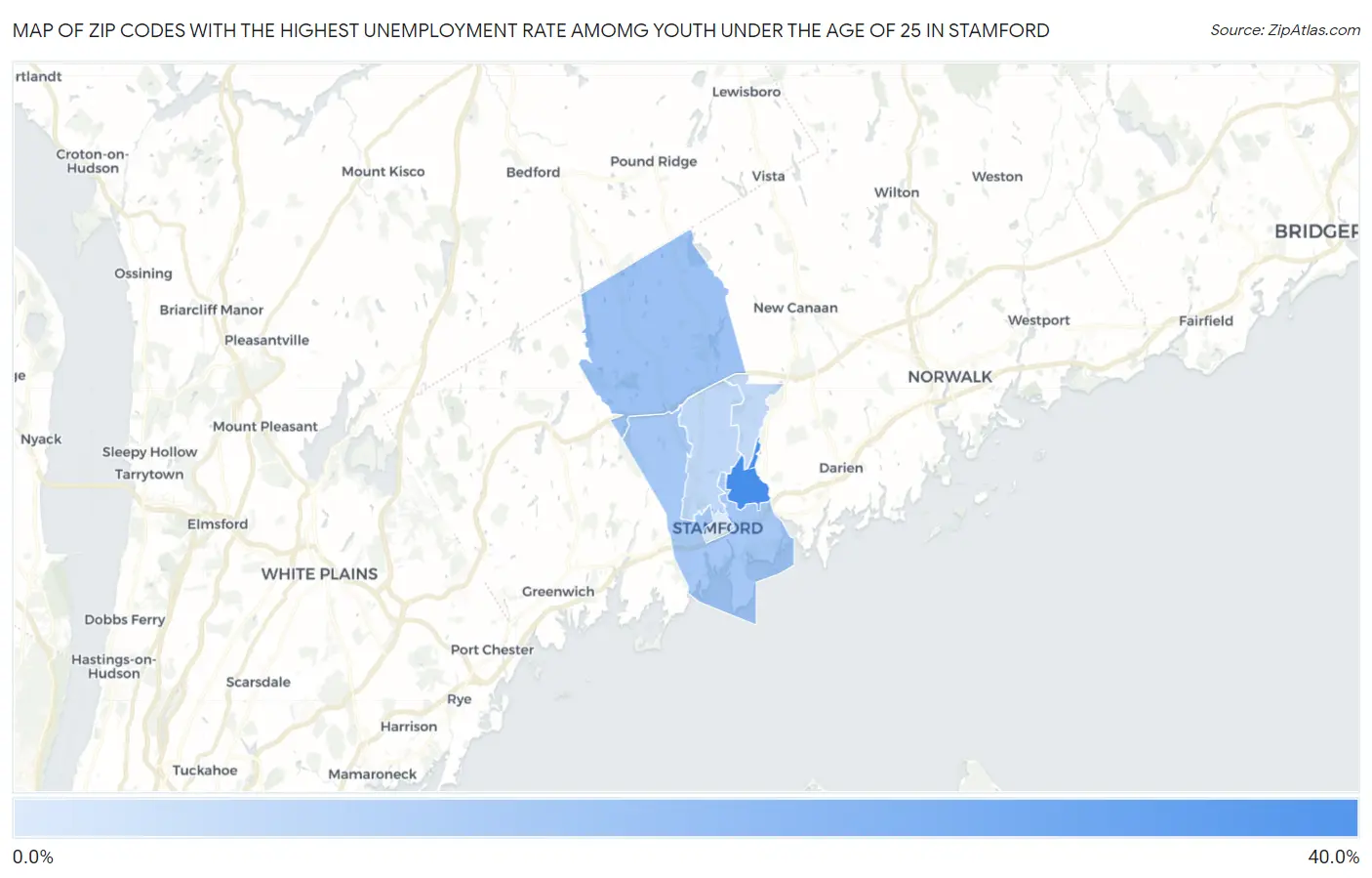 Zip Codes with the Highest Unemployment Rate Amomg Youth Under the Age of 25 in Stamford Map