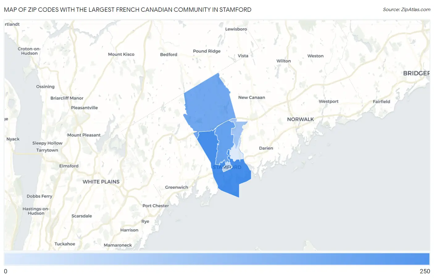 Zip Codes with the Largest French Canadian Community in Stamford Map