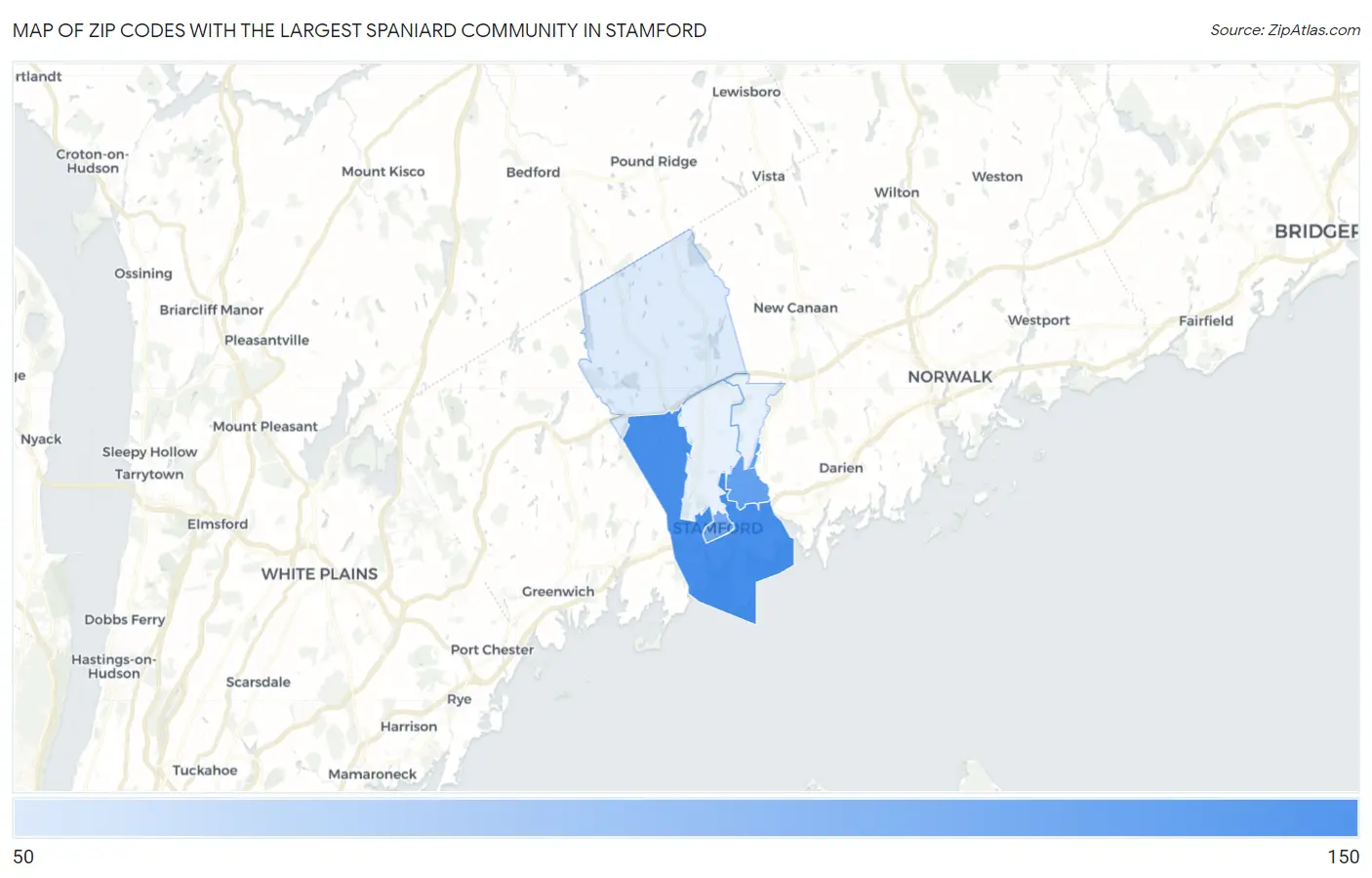Zip Codes with the Largest Spaniard Community in Stamford Map