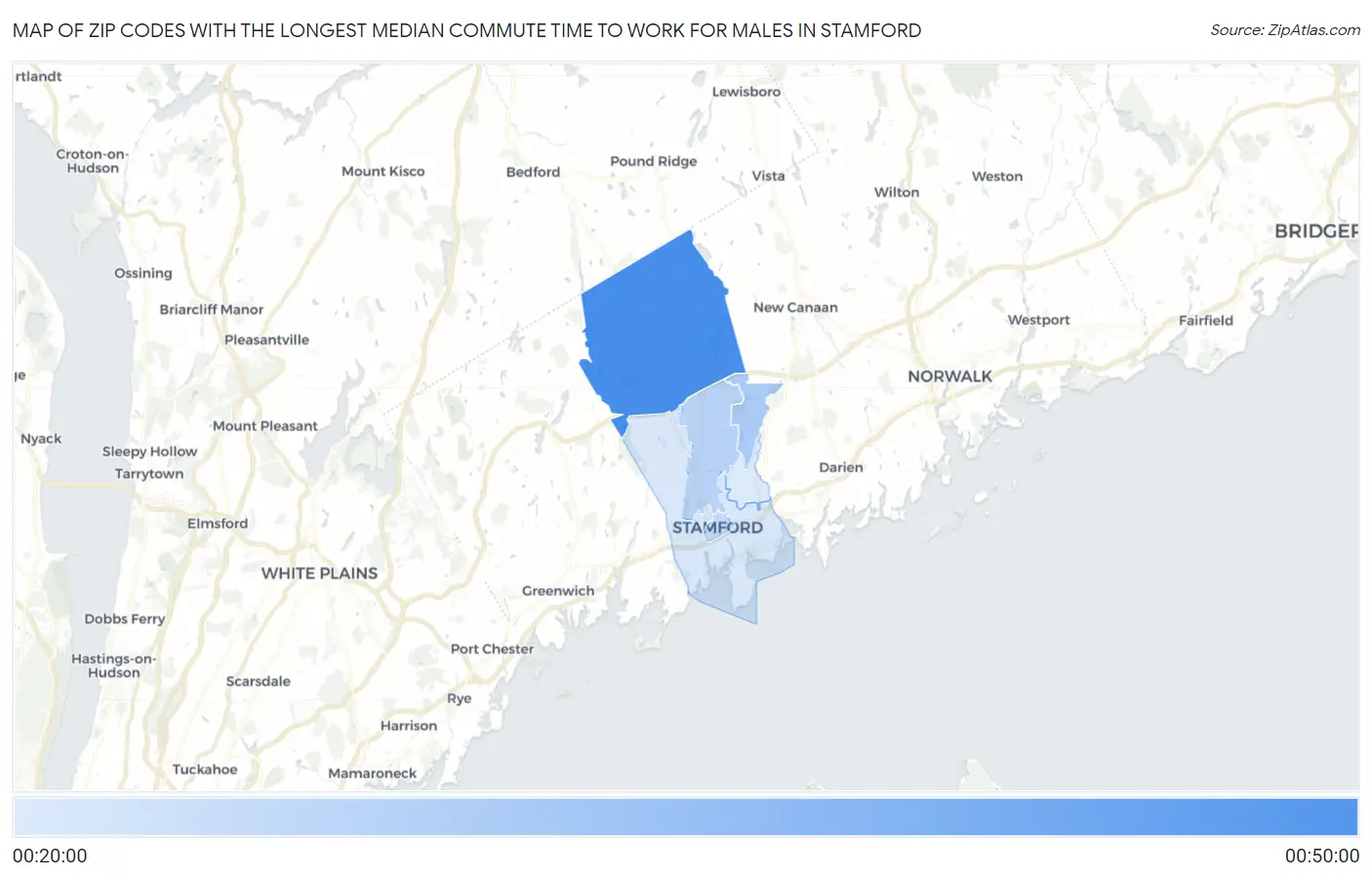 Zip Codes with the Longest Median Commute Time to Work for Males in Stamford Map