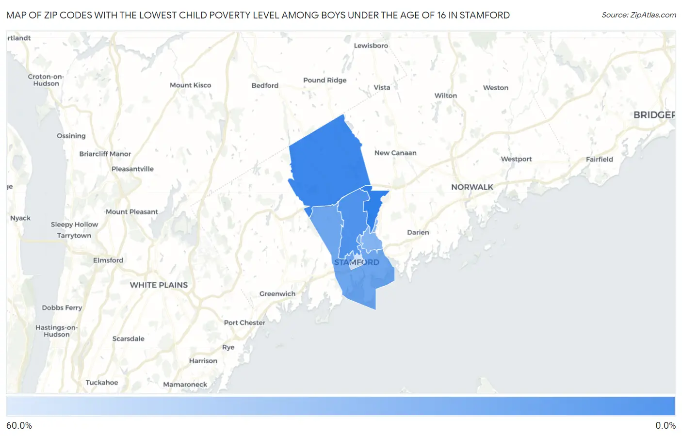 Zip Codes with the Lowest Child Poverty Level Among Boys Under the Age of 16 in Stamford Map