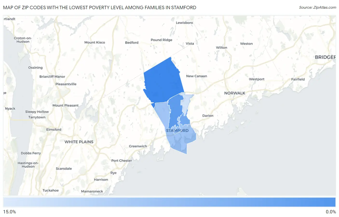 Zip Codes with the Lowest Poverty Level Among Families in Stamford Map