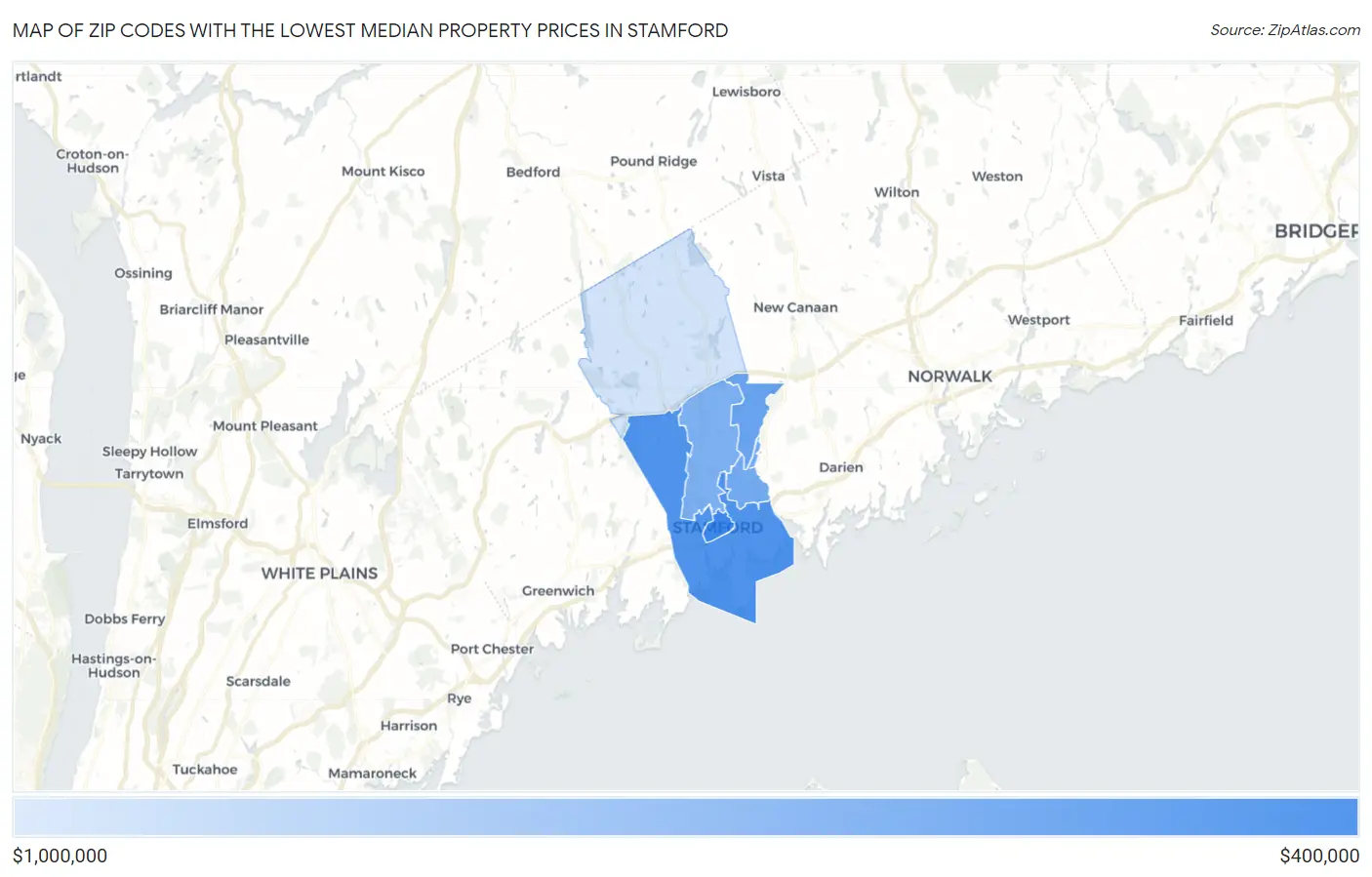 Zip Codes with the Lowest Median Property Prices in Stamford Map