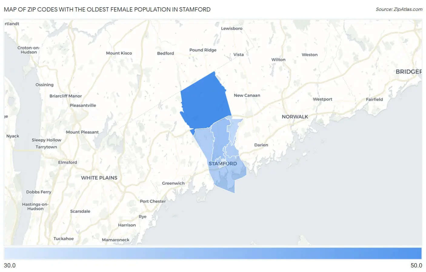 Zip Codes with the Oldest Female Population in Stamford Map