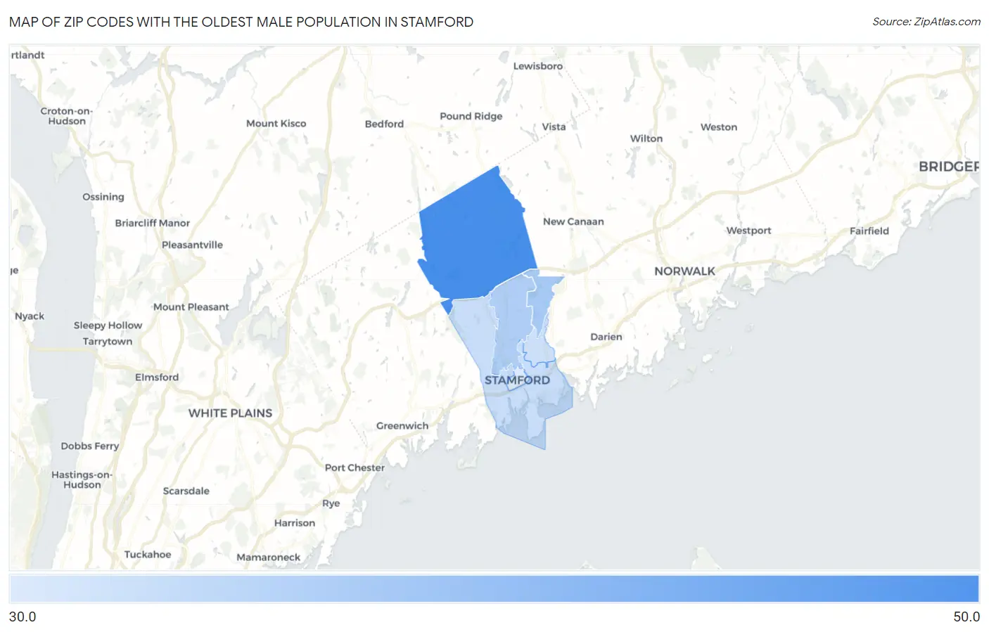 Zip Codes with the Oldest Male Population in Stamford Map
