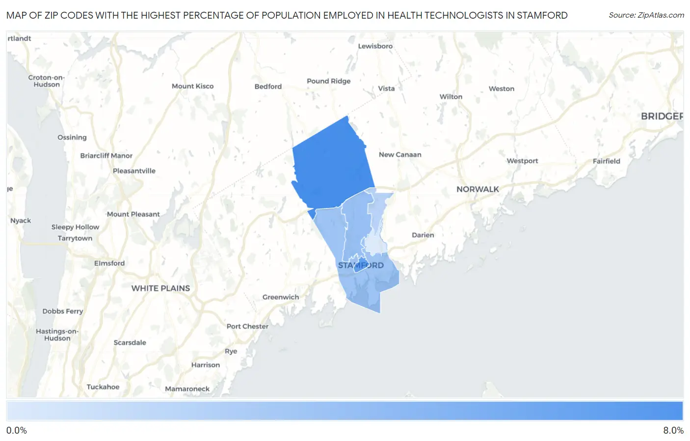 Zip Codes with the Highest Percentage of Population Employed in Health Technologists in Stamford Map