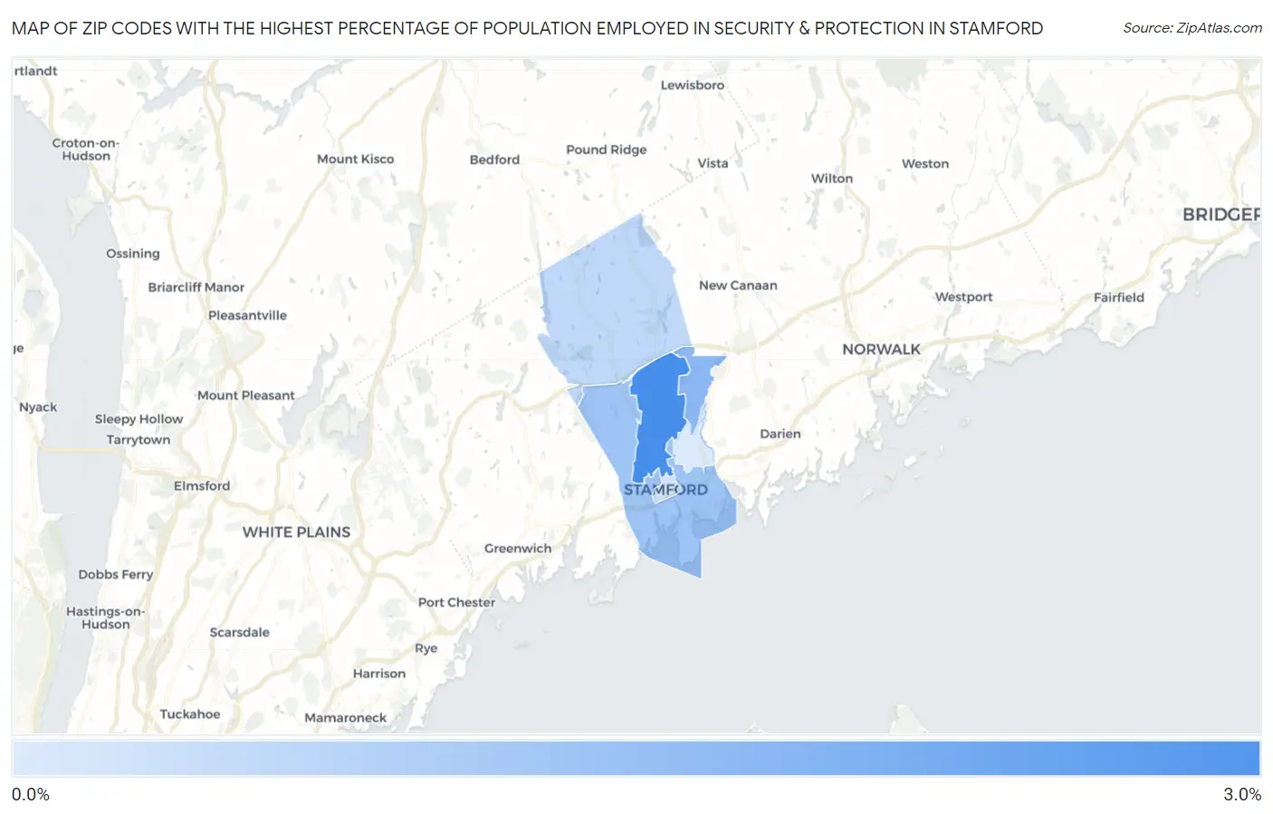 Zip Codes with the Highest Percentage of Population Employed in Security & Protection in Stamford Map