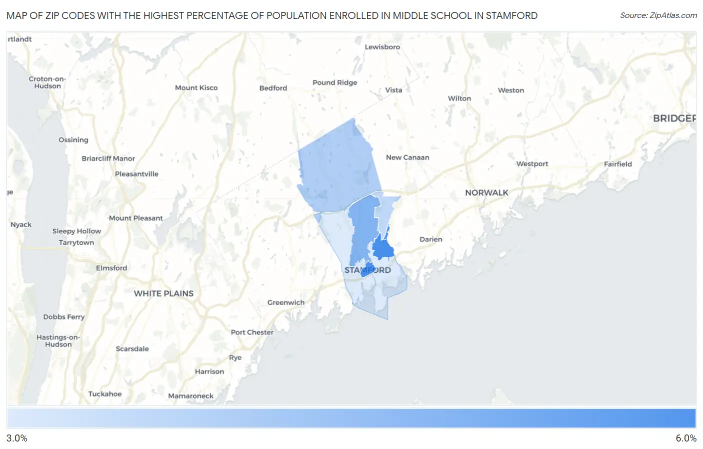 Zip Codes with the Highest Percentage of Population Enrolled in Middle School in Stamford Map