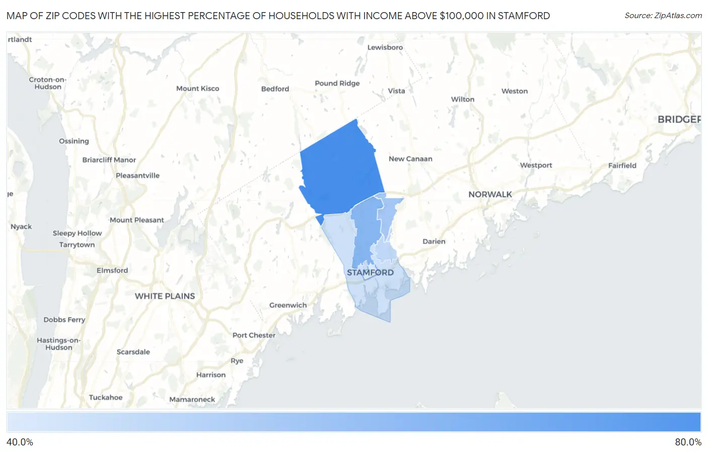 Zip Codes with the Highest Percentage of Households with Income Above $100,000 in Stamford Map