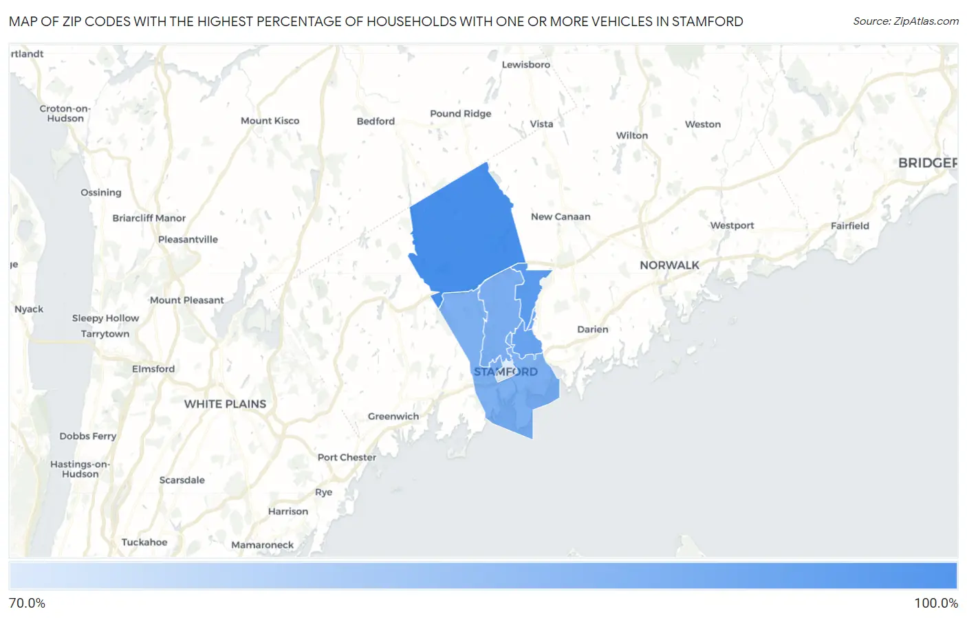 Zip Codes with the Highest Percentage of Households With One or more Vehicles in Stamford Map