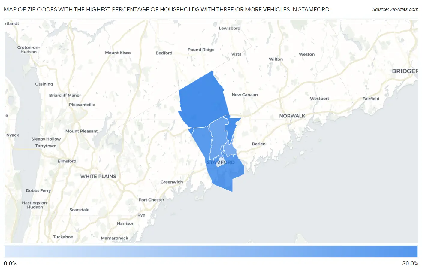 Zip Codes with the Highest Percentage of Households With Three or more Vehicles in Stamford Map