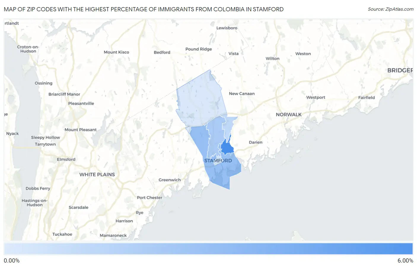 Zip Codes with the Highest Percentage of Immigrants from Colombia in Stamford Map