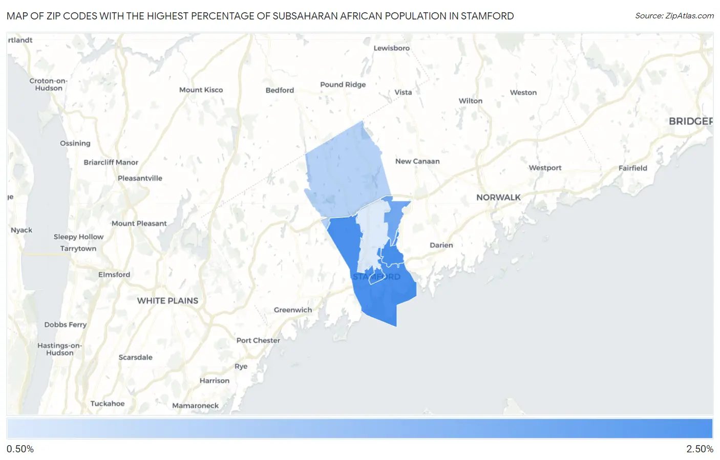Zip Codes with the Highest Percentage of Subsaharan African Population in Stamford Map