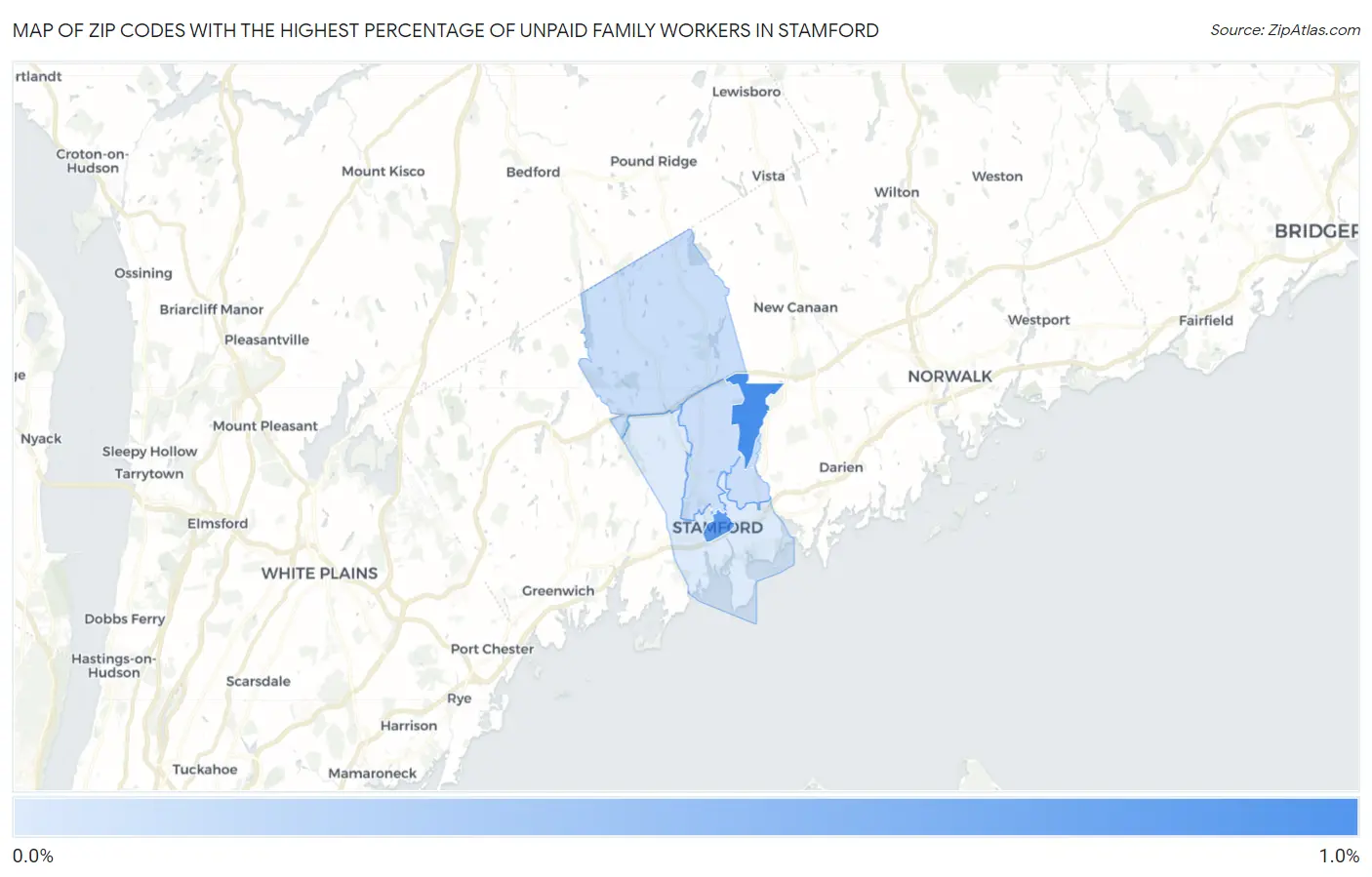Zip Codes with the Highest Percentage of Unpaid Family Workers in Stamford Map